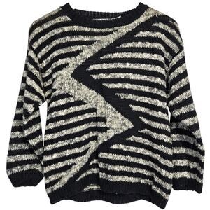 Vintage 80s Knitworks Open Weave Black & Ivory Stripe Crew Neck Sweater‎ M